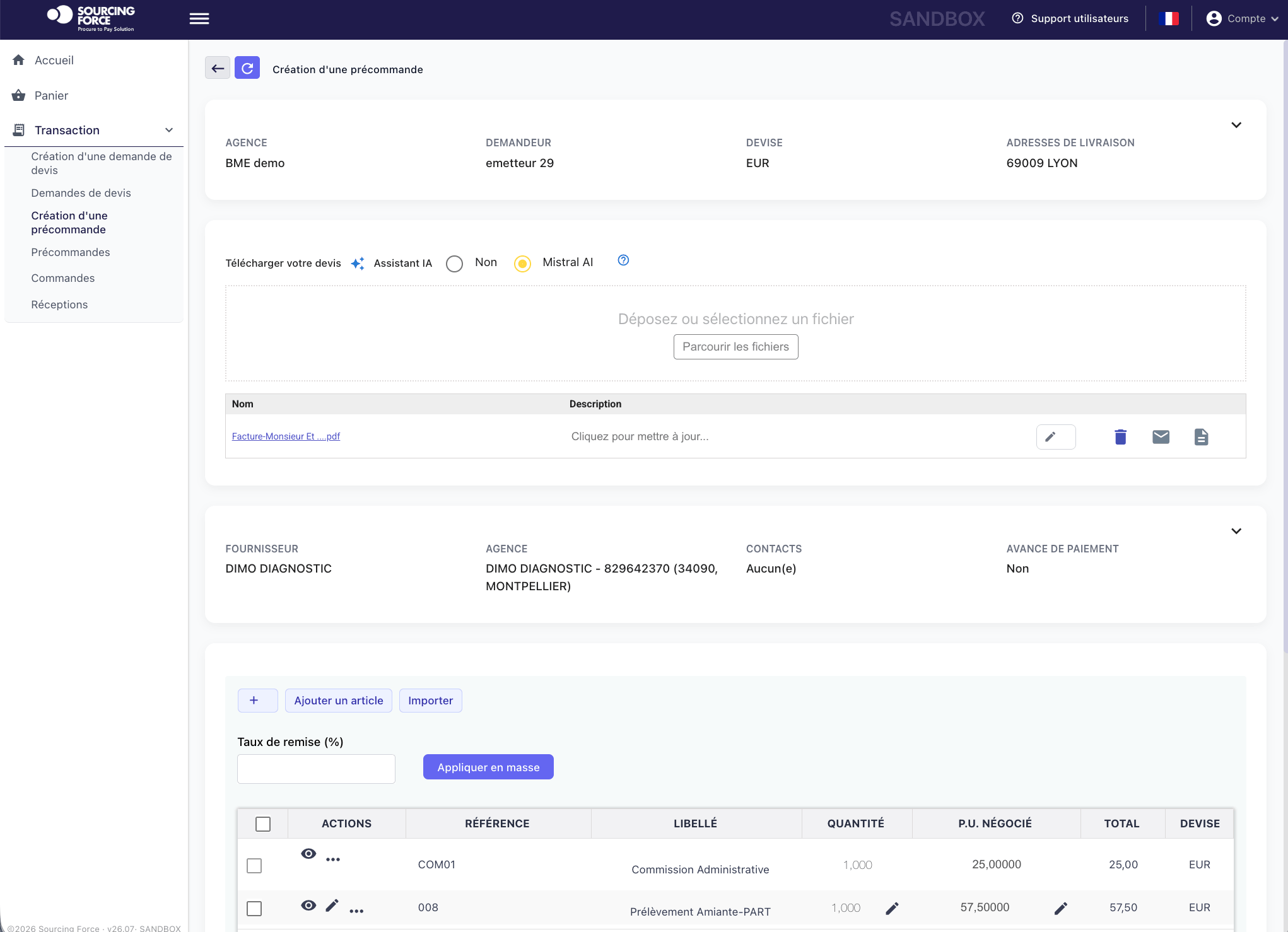 Précommande : assistant Mistral AI sélectionné et lignes d’articles