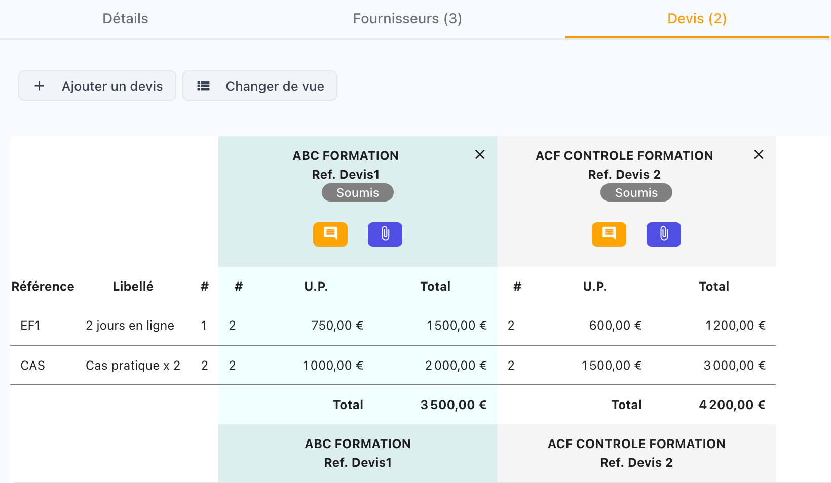 Comparaison des devis fournisseurs par ligne et total